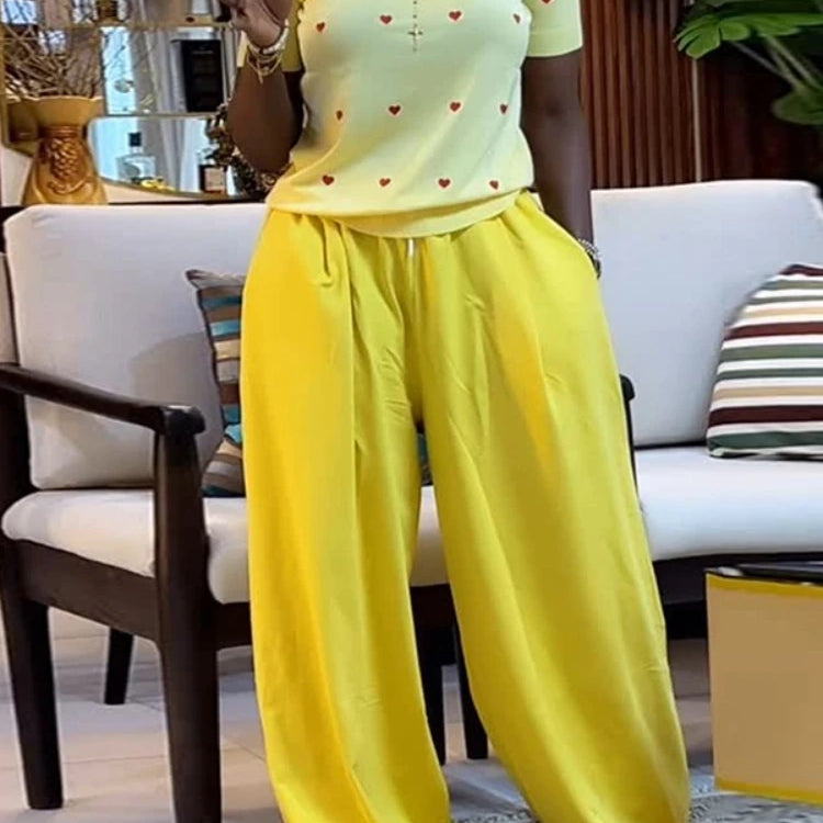Fashion Women's Set Love Short Sleeve T-shirt and Wide Leg Pants 2025 Summer Active Two 2 Piece Sets Outfit Tracksuit