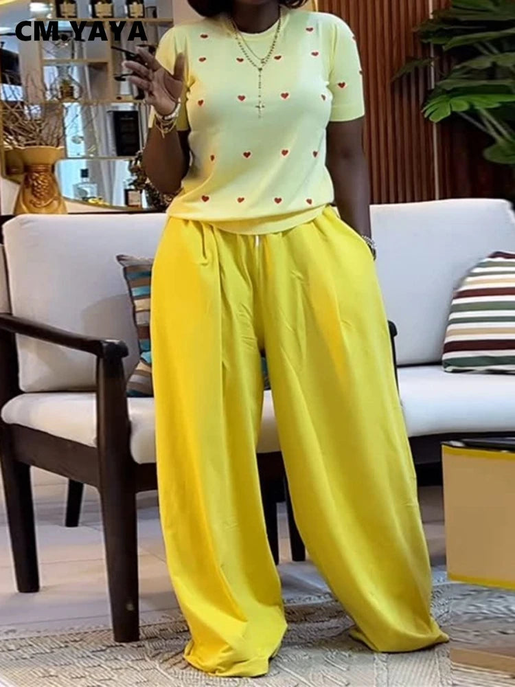 Fashion Women's Set Love Short Sleeve T-shirt and Wide Leg Pants 2025 Summer Active Two 2 Piece Sets Outfit Tracksuit