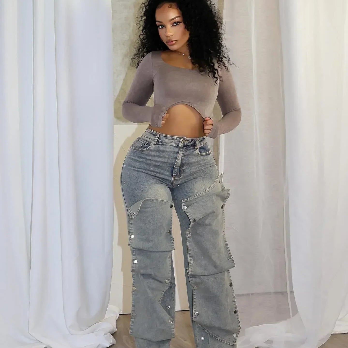 Women Streetwear Button Cutout Cargo Straight Denim Wide Leg Jeans Pants 2024 INS Elastic Fashion Party Cargo Trousers Grayish blue