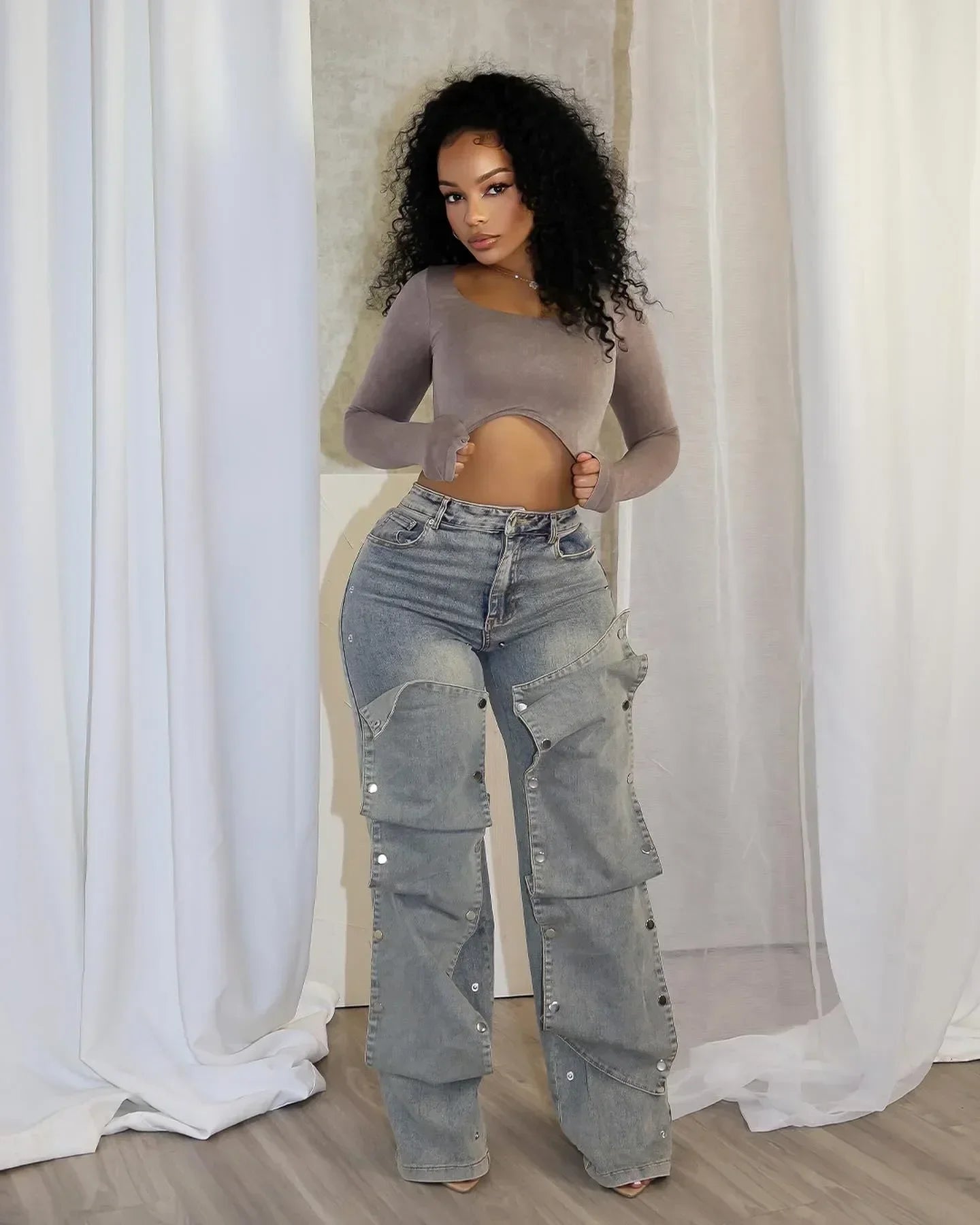 Women Streetwear Button Cutout Cargo Straight Denim Wide Leg Jeans Pants 2024 INS Elastic Fashion Party Cargo Trousers Grayish blue