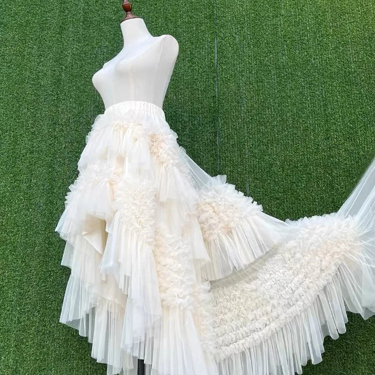 3 Colors Women's Irregular Hem Ball Gown Long Skirt Tulle Ruffles Multilayers Skirt Ladies Fairy Gauze Maxi Skirts Female Outfit Ivory