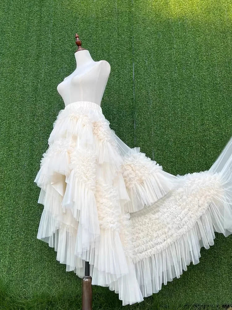 3 Colors Women's Irregular Hem Ball Gown Long Skirt Tulle Ruffles Multilayers Skirt Ladies Fairy Gauze Maxi Skirts Female Outfit Ivory