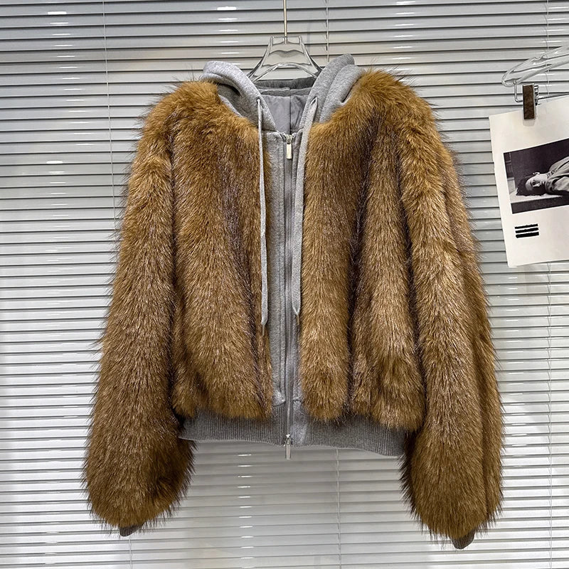 Winter New Trendy Fashion Furry Patchwork Design Sweatshirt For Women Loose Hooded Short Jacket Female 11A07771 Brown One Size