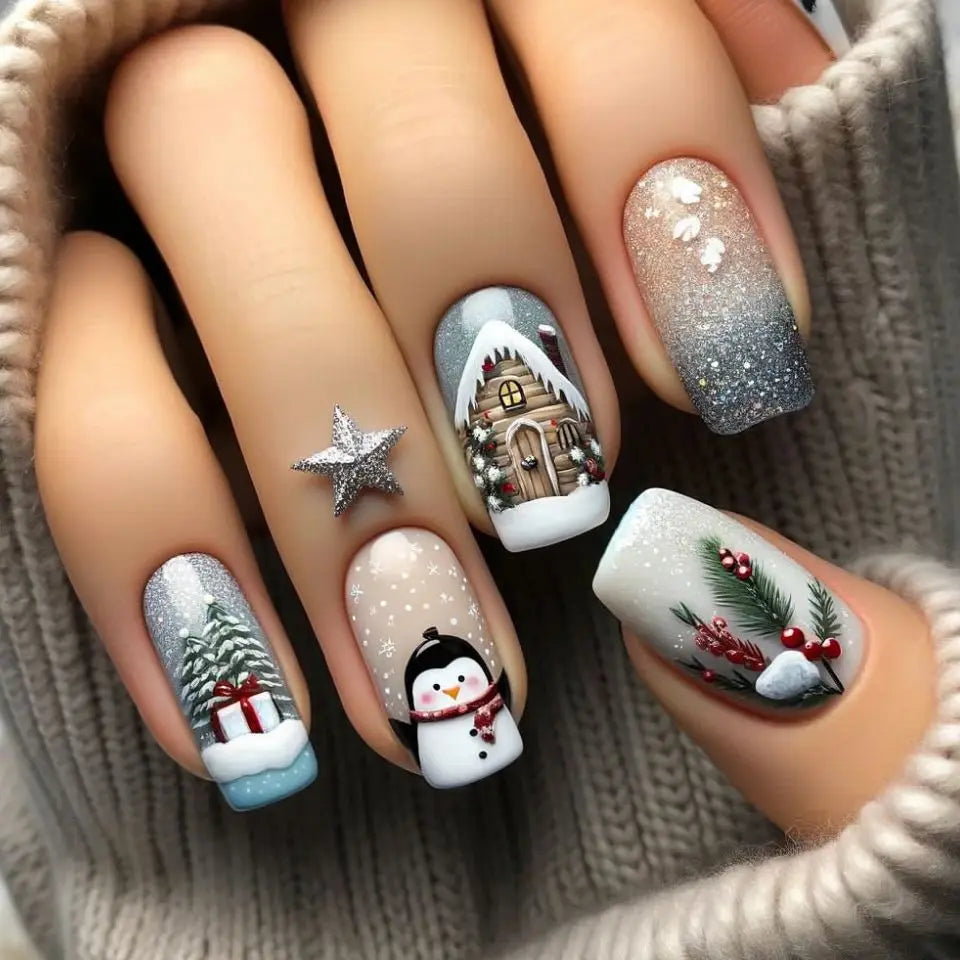 2025 Merry Chrismas Press on Nails Cute Snowman Elk Santa Claus Print Fake Nail Tips Wearable Long Coffin False Nails for Girls