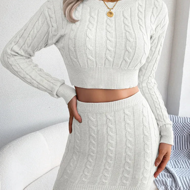 Sexy Sweater Sets 2024 Autumn Winter New Solid Knit Long Sleeve Top Wrap Hip Skirt Suits Show Waist Women ClothesCasual Sweaters