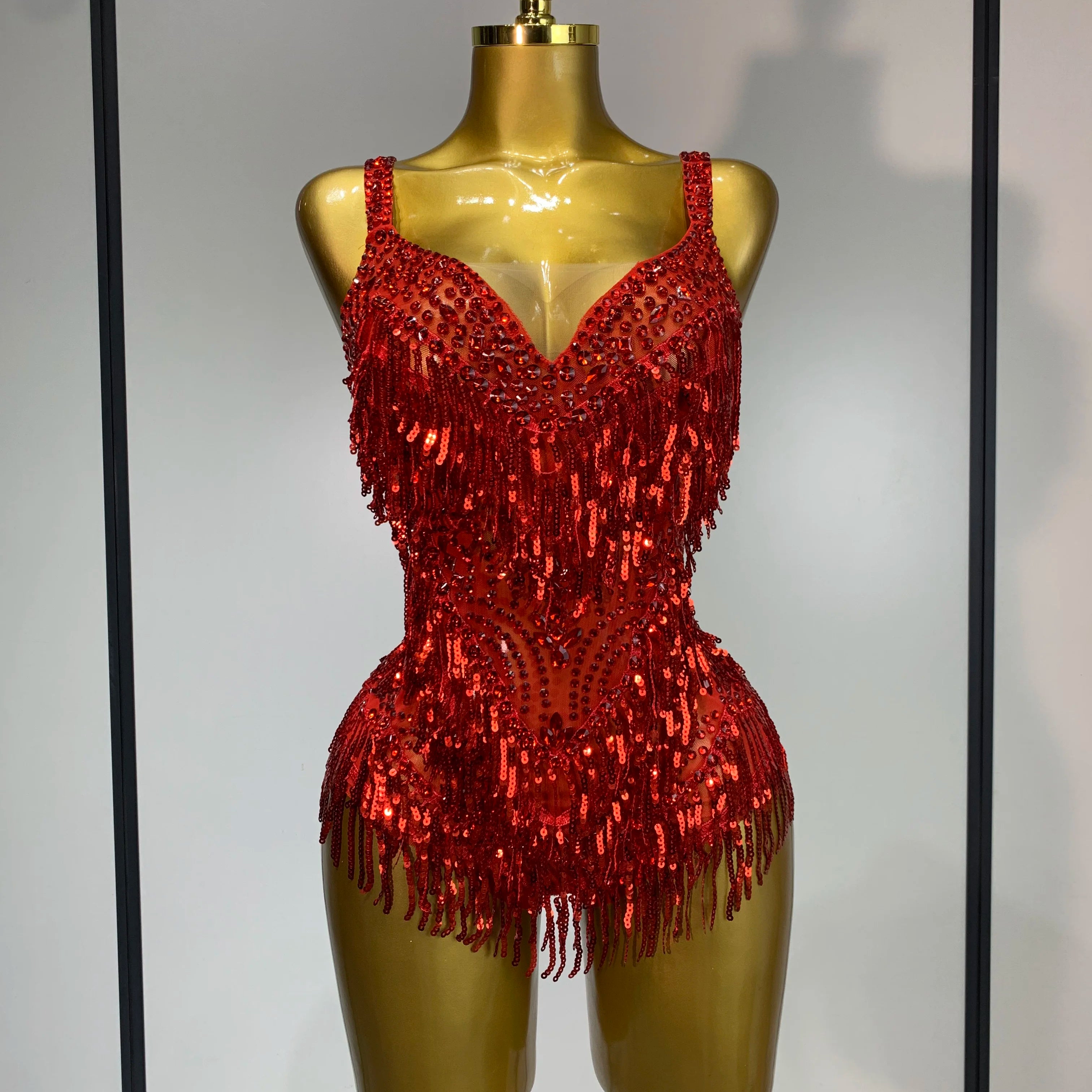 Sparkly Rhinestone Tassel Sexy Backless Mesh Bodysuit Women Luxury Birthday Party Nightclub Bar Dencer Stage performance Costume Burgundy