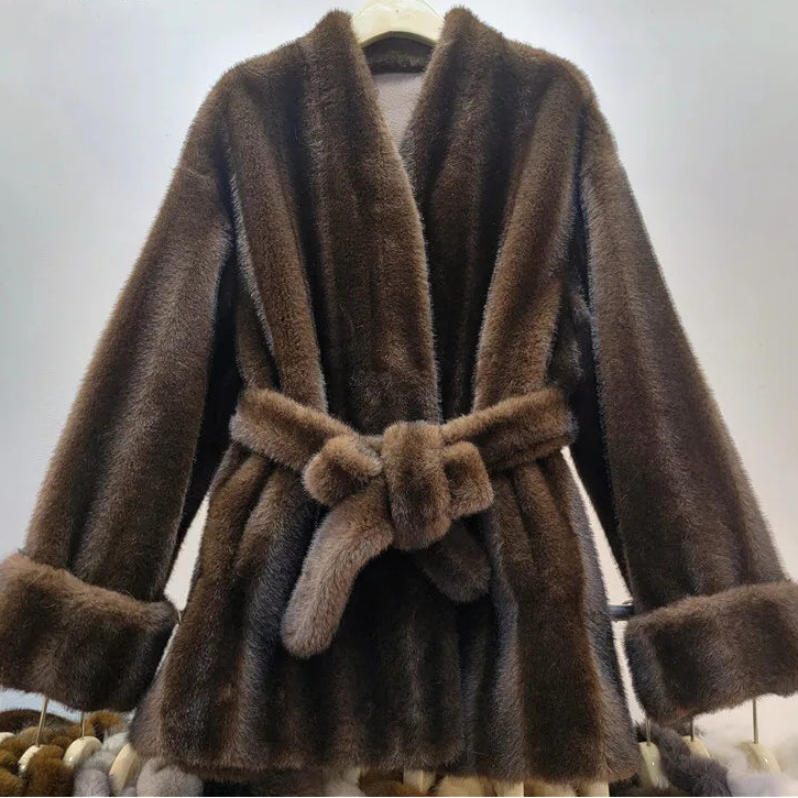 Autumn Winter New Fashion Style Faux Mink Fur Belted Coat For Women High Quality Soft Lace-up Waist Jacket 11A07840