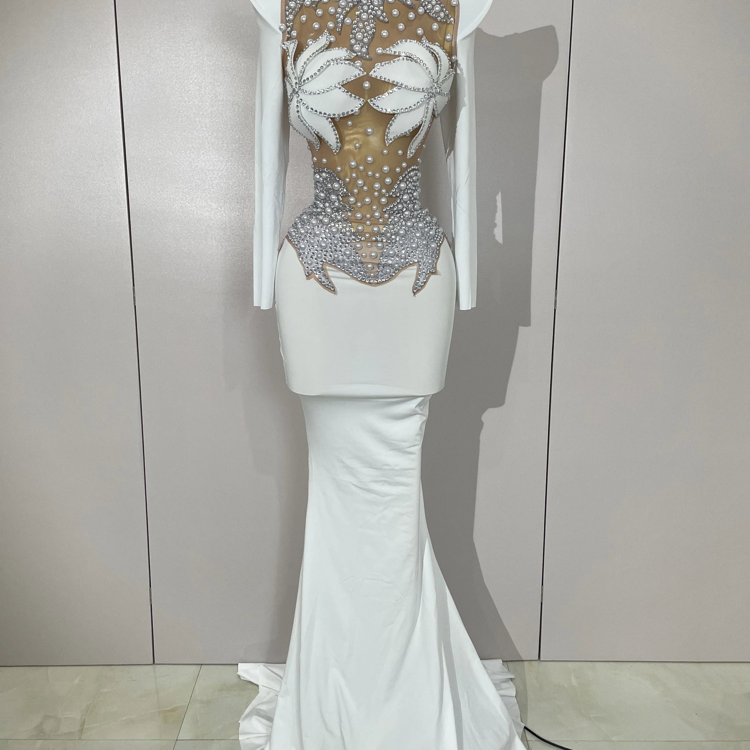 Sparkly Diamonds Pearl Black Sexy See Through Mesh Long Dress Women Wedding Evening Luxury Birthday Party Stage Photoshoot Dress WHITE