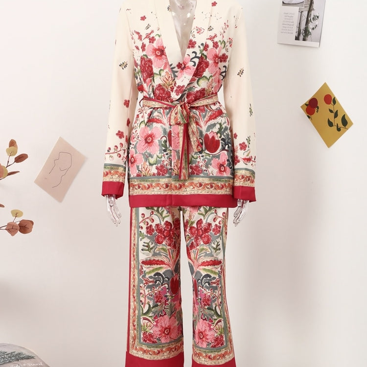 Printed Notched Blazer Women Suits With Belt Elastic High Waist Wide Leg Female Pants Two Piece Set Long Sleeve Top Outfits