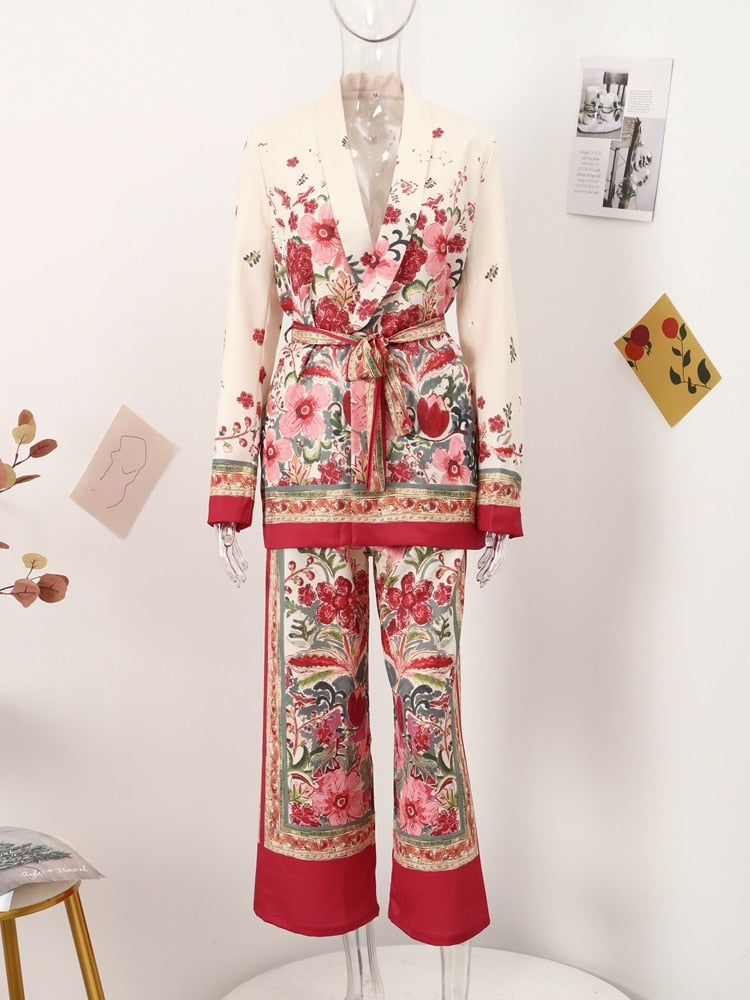 Printed Notched Blazer Women Suits With Belt Elastic High Waist Wide Leg Female Pants Two Piece Set Long Sleeve Top Outfits