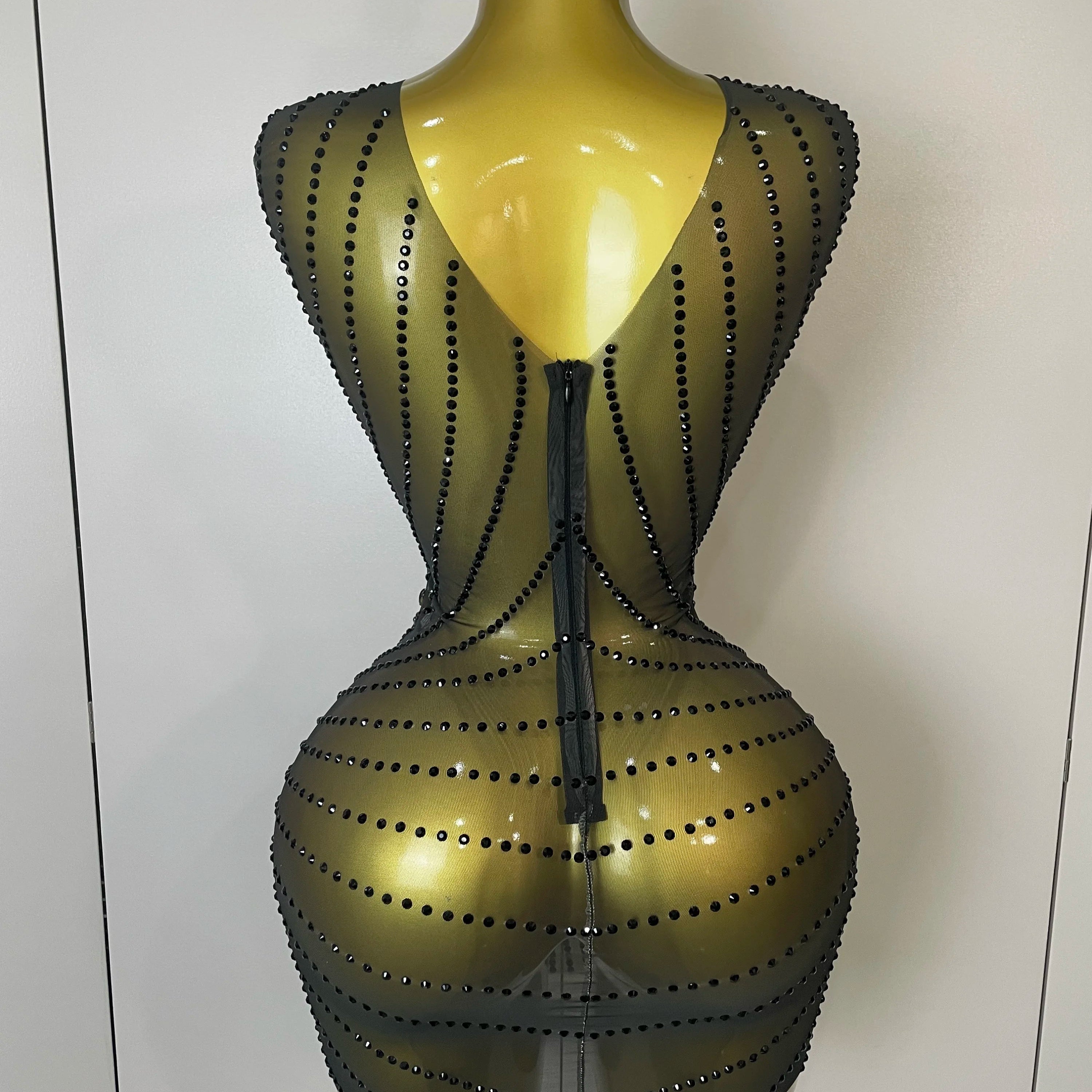 2025 Sparkly Gold Rhinestone Transparent Sleeveless Mini Dress Evening Birthday Celebrate Party Nightclub Performance Costume