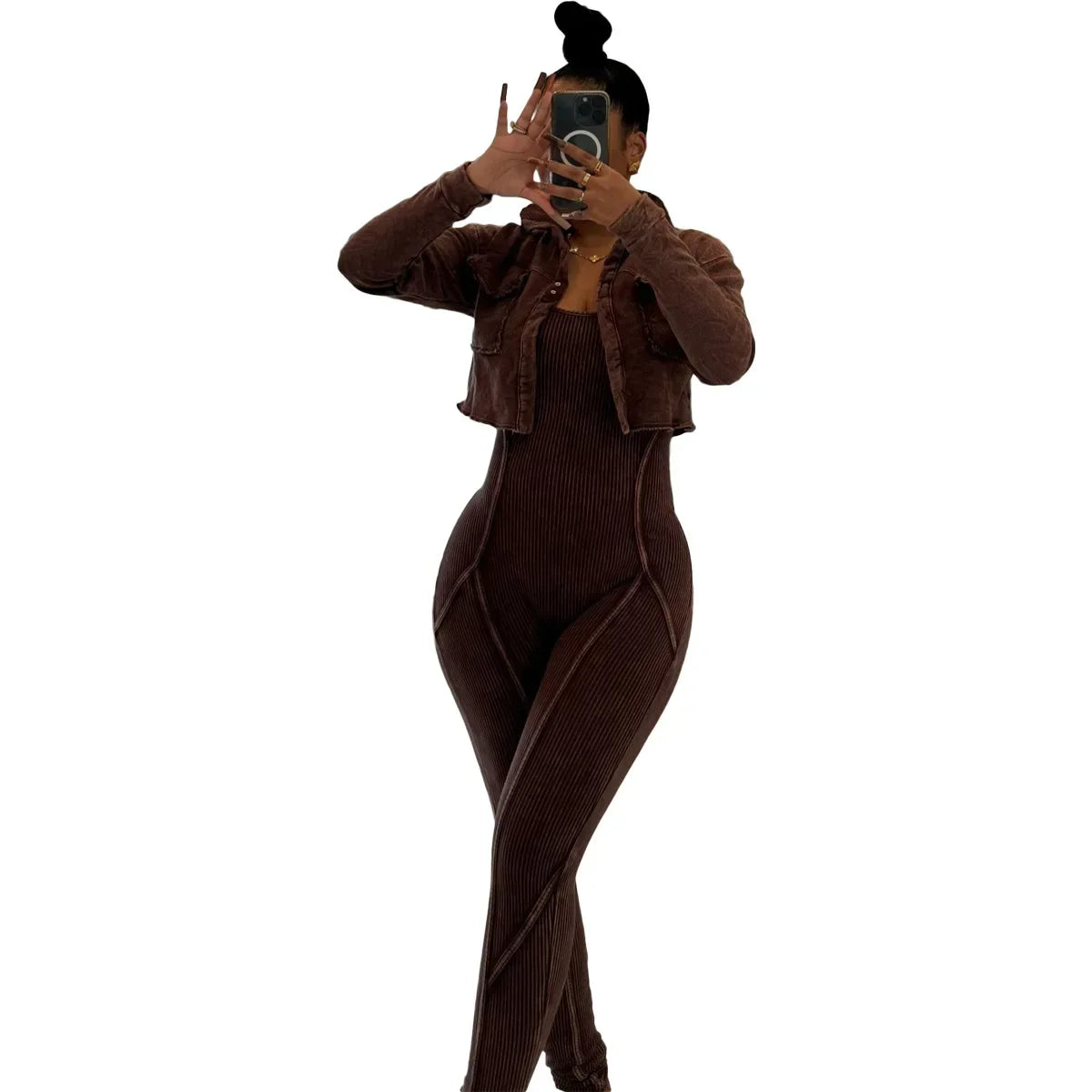 Fashion Women's Set Washed Knitted Long Sleeve V-neck Coats+pencil Jumpsuits Active Two 2 Piece Set Outfits Tracksuit Dark Brown