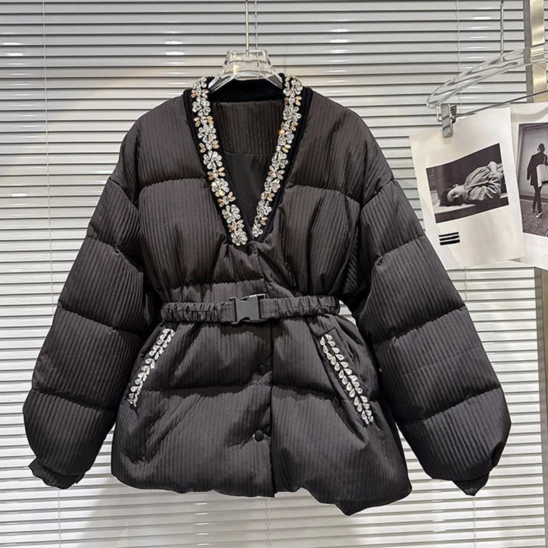 Winter New Fashion V-Neck Rhinestone Collar Belt Striped Fabric Warm Jacket For Women Cotton-padded Coat 11A07929 Black One Size