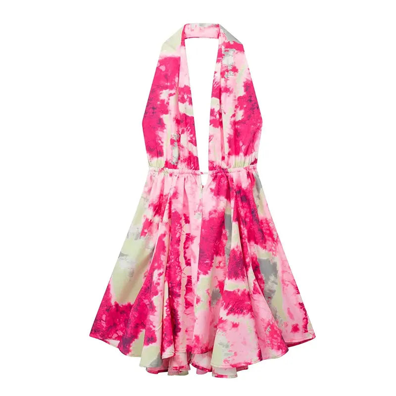 Floral Printed Beach Dress Women Mini Sexy Deep V-neck Backless Halter Female Dresses Summer Vacation Sleeveless Short Robe 01 Pink