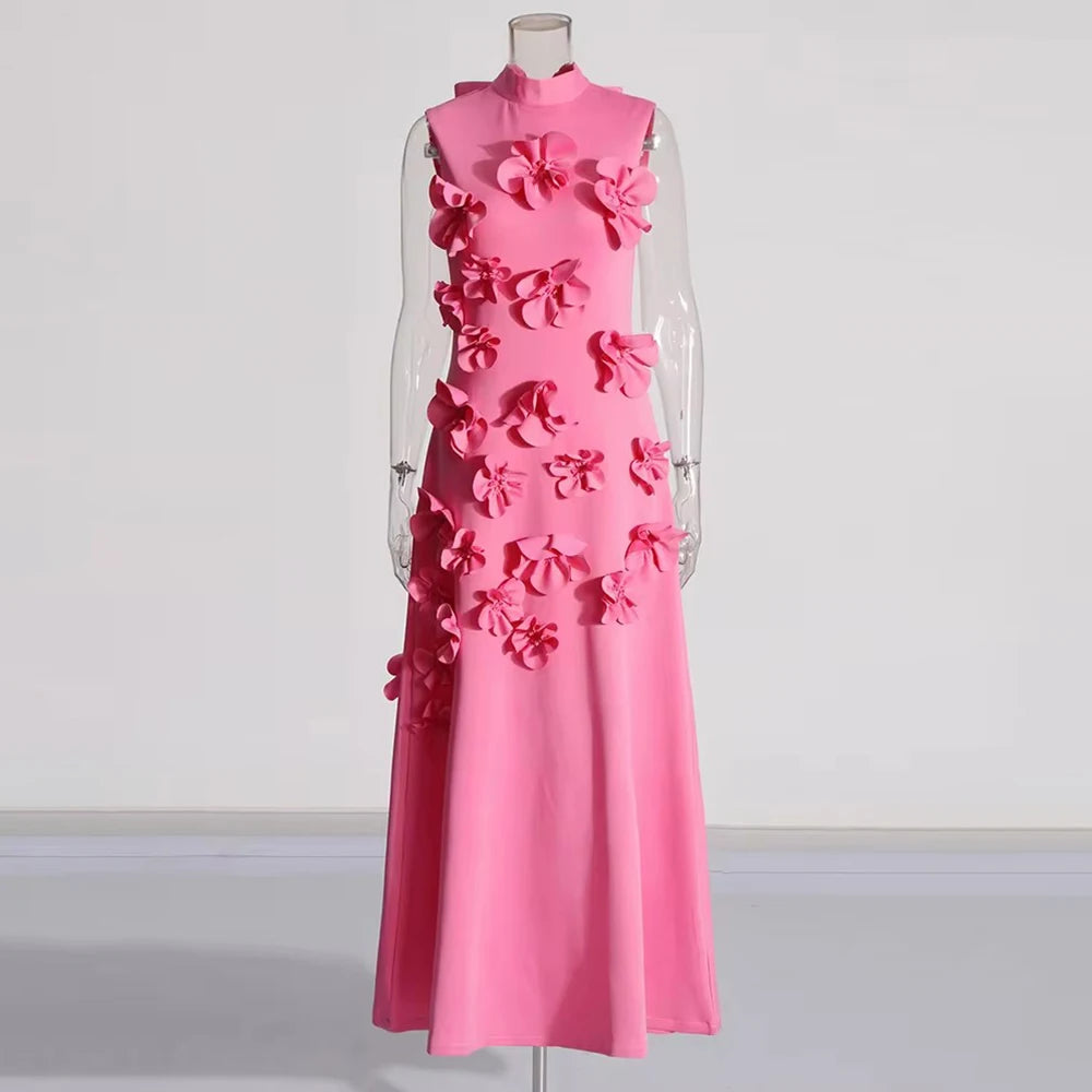 Solid Spliced Lace Up Dress For Women Stand Collar Sleeveless High Waist Patchwork Applique Maxi Dresses Female