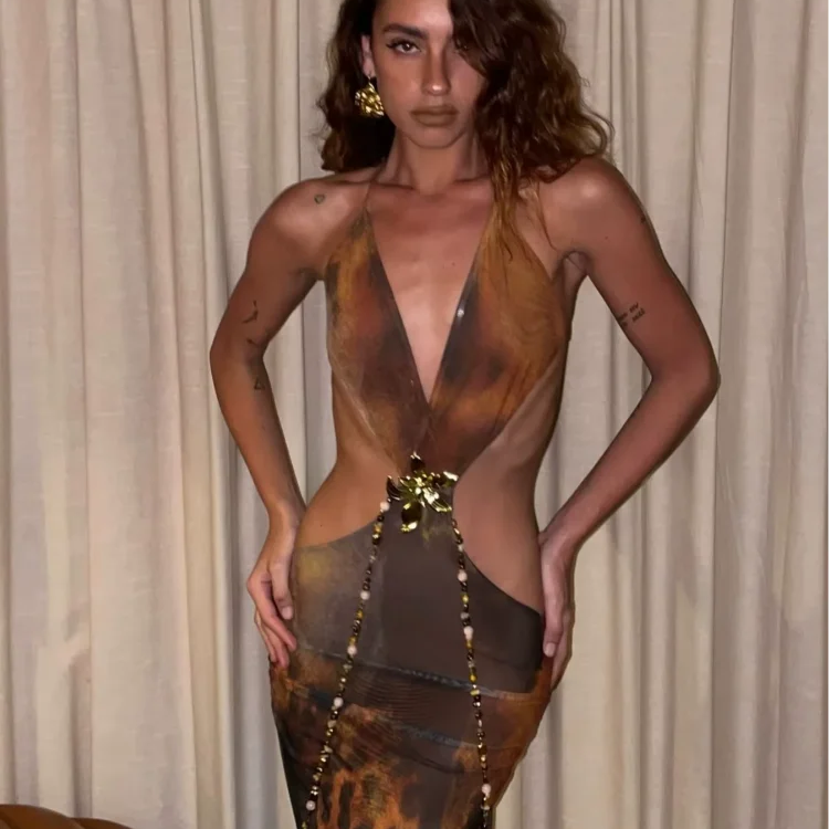 Summer Sexy Cut Out V Neck Midi Dress For Women Crystal-link Backless Slim Party Dresses Leopard Print Slim Maxi Vestido Holiday