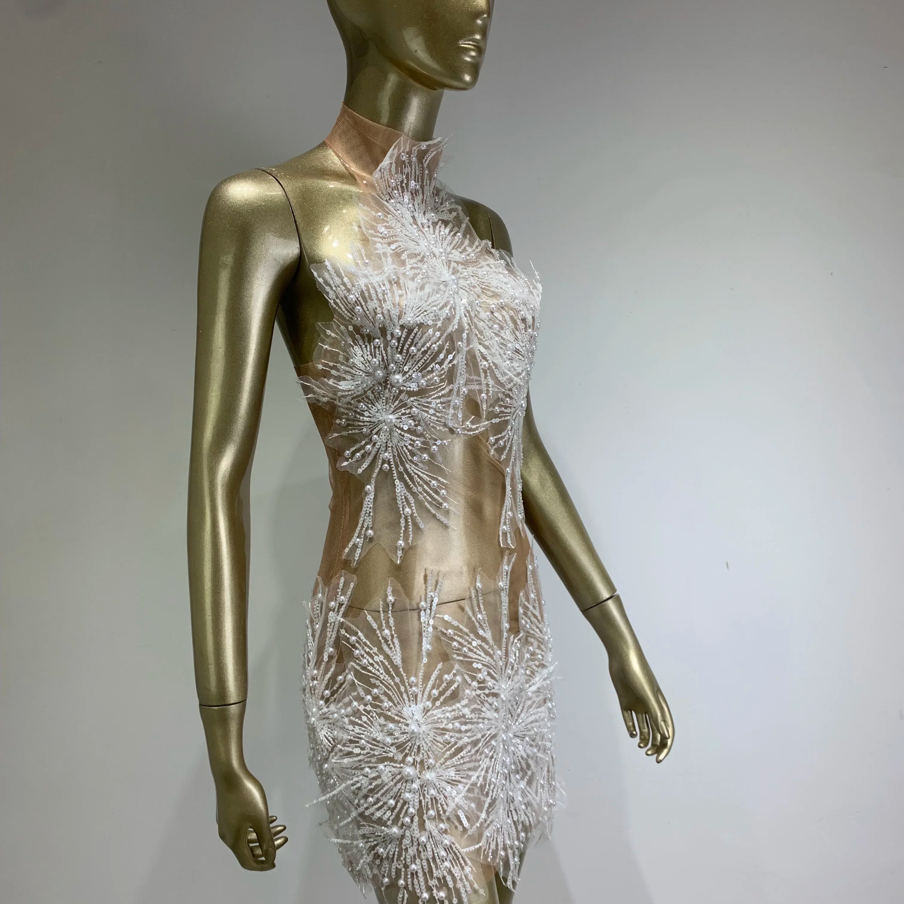 Women Sexy Off the Shoulder Mesh SeeThrough Bodycon Mini Dress Sequins Nightclub Party Celebrate Dress