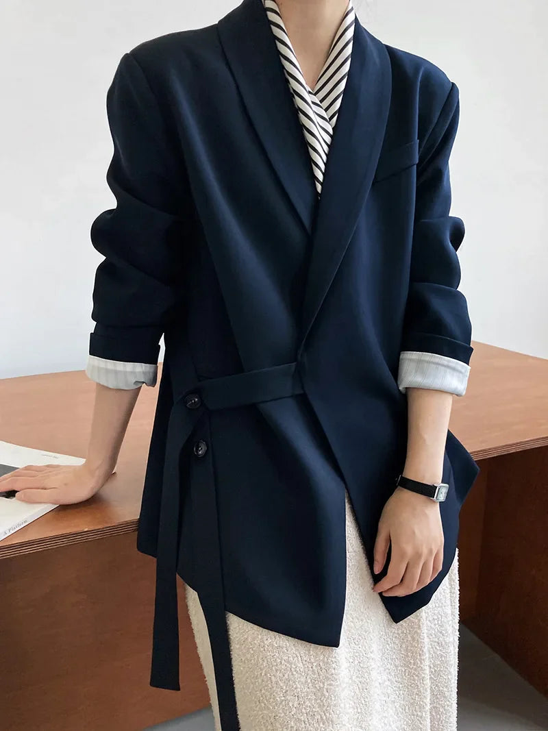 UMI MAO Advanced Design Sense Blue Fruit Neck Blazers Coat Women's Loose Fashion Drop Sense Lace-up Blazer Top Femme Y2K Navy