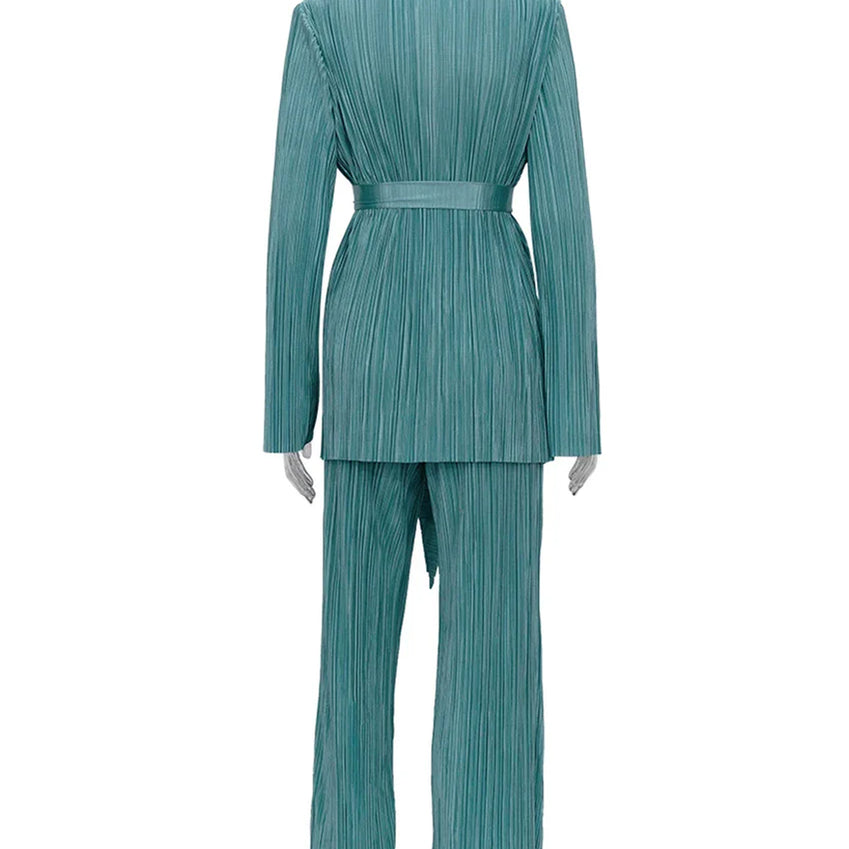 Clacive Autumn Green Pleated Pants Set Bodycon Slit Trosuer Suits Fashion Lace-Up Long Sleeve Blazer 2 Piece Sets Womens Outfits