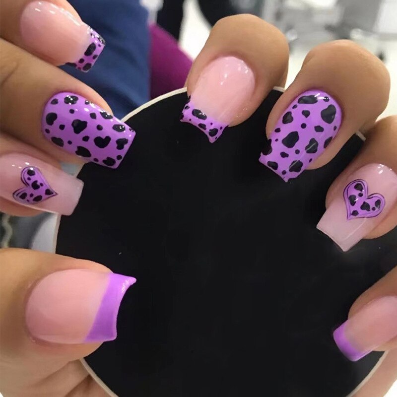 Purple Love Heart Leopard Print Wearable Nail Art Glossy Pink Fake Nails Finished False Nails Short Press on Nails with Glue MT945JP2034