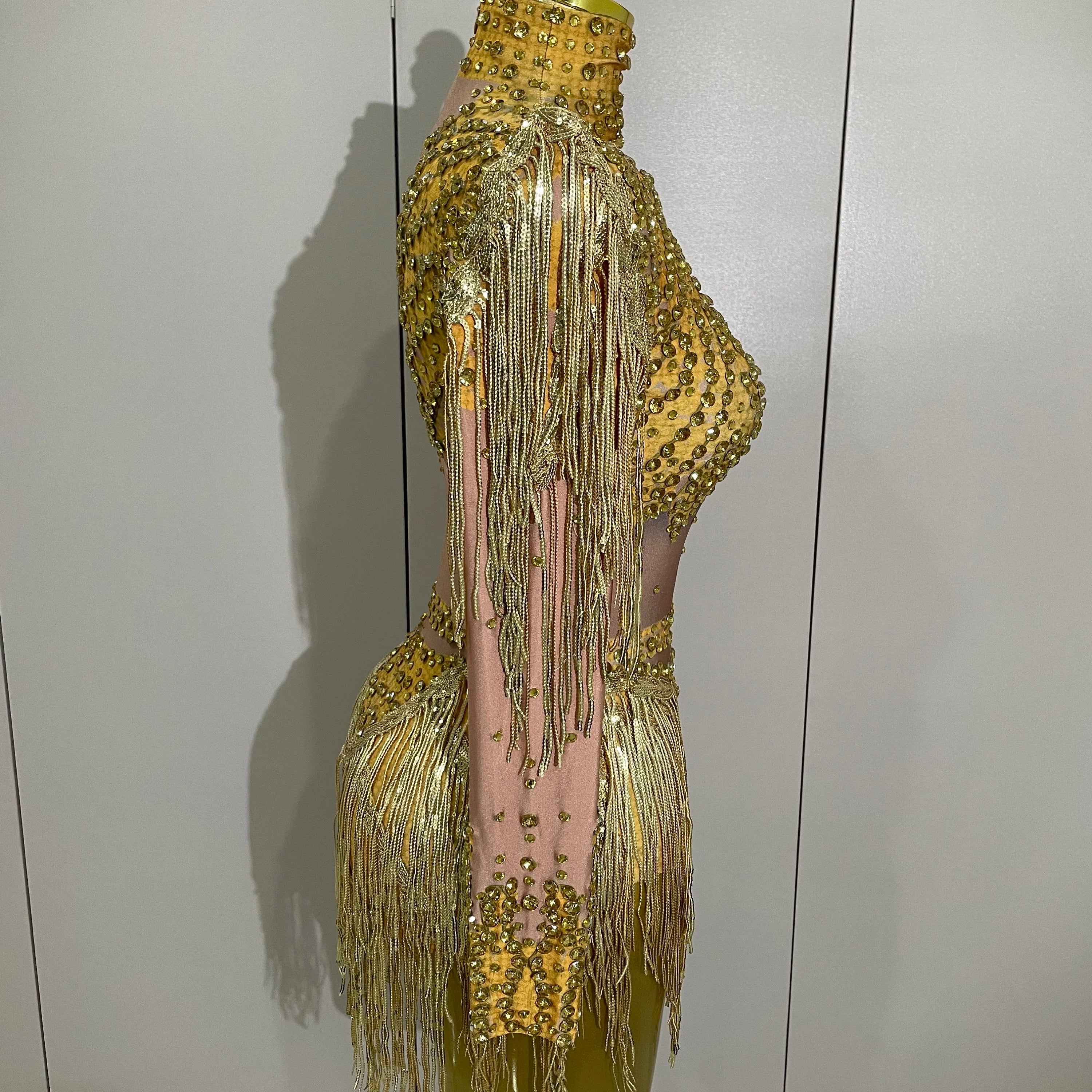 Sparkly Rhinestone Sequin Tassel Stretch Bodysuits 2025 Women Birthday Party Nightclub Dj Stage Performance Costume