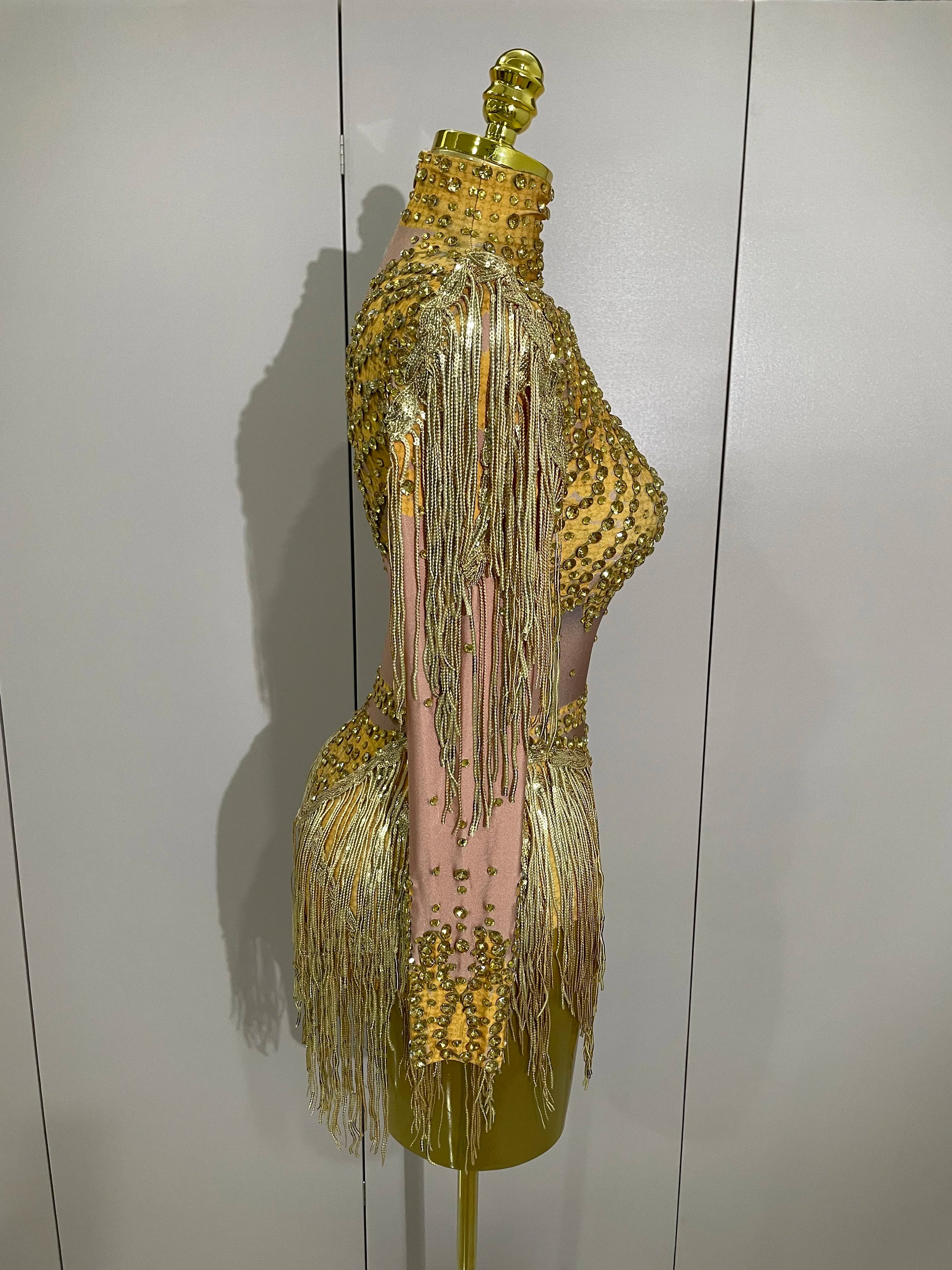 Sparkly Rhinestone Sequin Tassel Stretch Bodysuits 2025 Women Birthday Party Nightclub Dj Stage Performance Costume