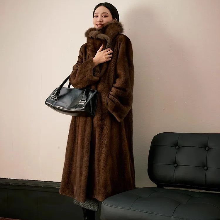 Lautaro Winter Long Luxury Elegant Thick Warm Soft Brown Faux Mink Fur Coat Women Turn-Down Collar Loose Stylish Furry Overcoat