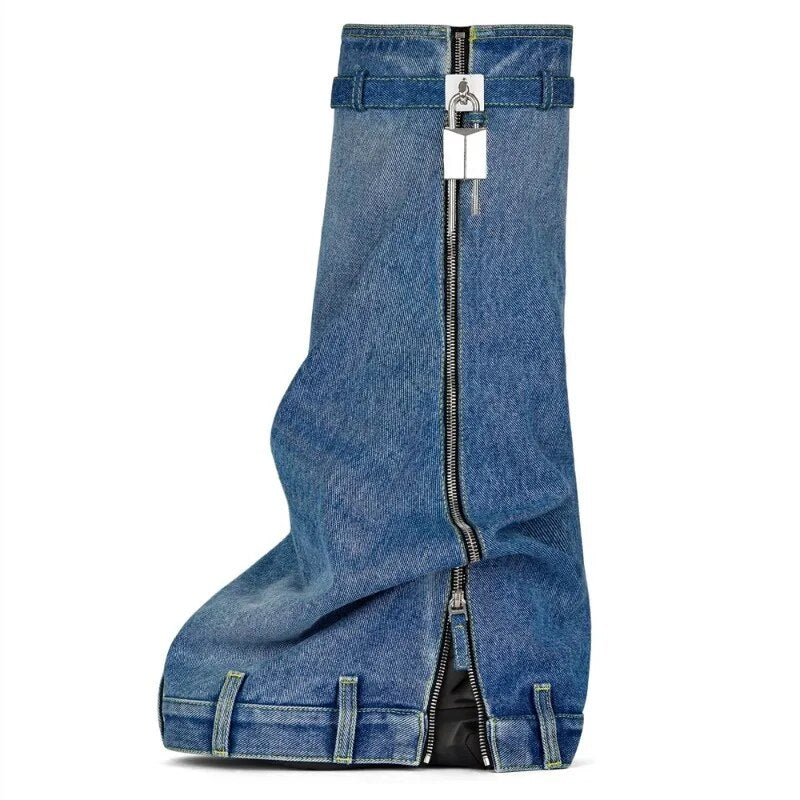 Winter Women's Knee-high Boots Round Toe Platform Wedges Denim Female Shoes Fashion Metal Decoration Boots Woman