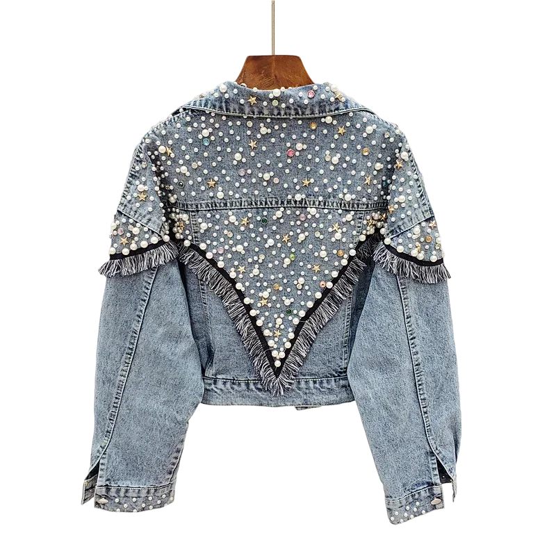 New Mujer Spring Autumn Streetwear Denim Jacket Women Hand-studded Pearls Punk Tassel Veste Femme Loose Short Jeans Coats