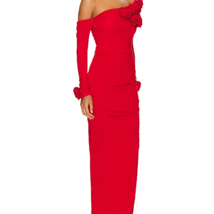 Women Celebrity Sexy Off Shoulder Flower Red Ruched Maxi Long Gowns Dress 2024 Elegant Evening Party Club Vestido