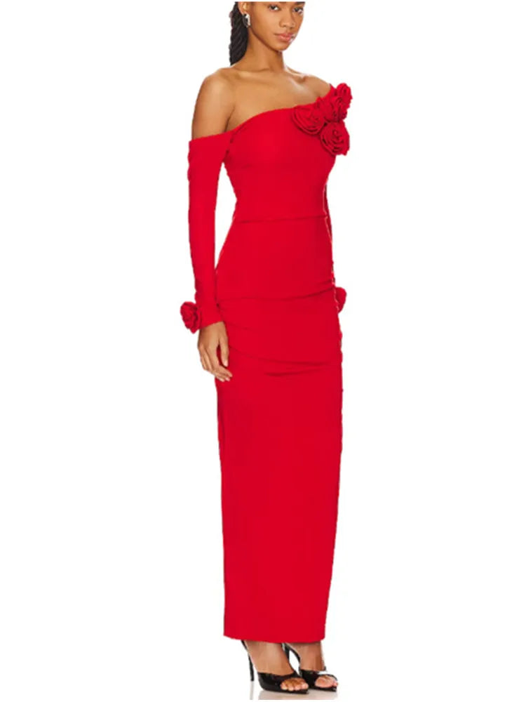 Women Celebrity Sexy Off Shoulder Flower Red Ruched Maxi Long Gowns Dress 2024 Elegant Evening Party Club Vestido