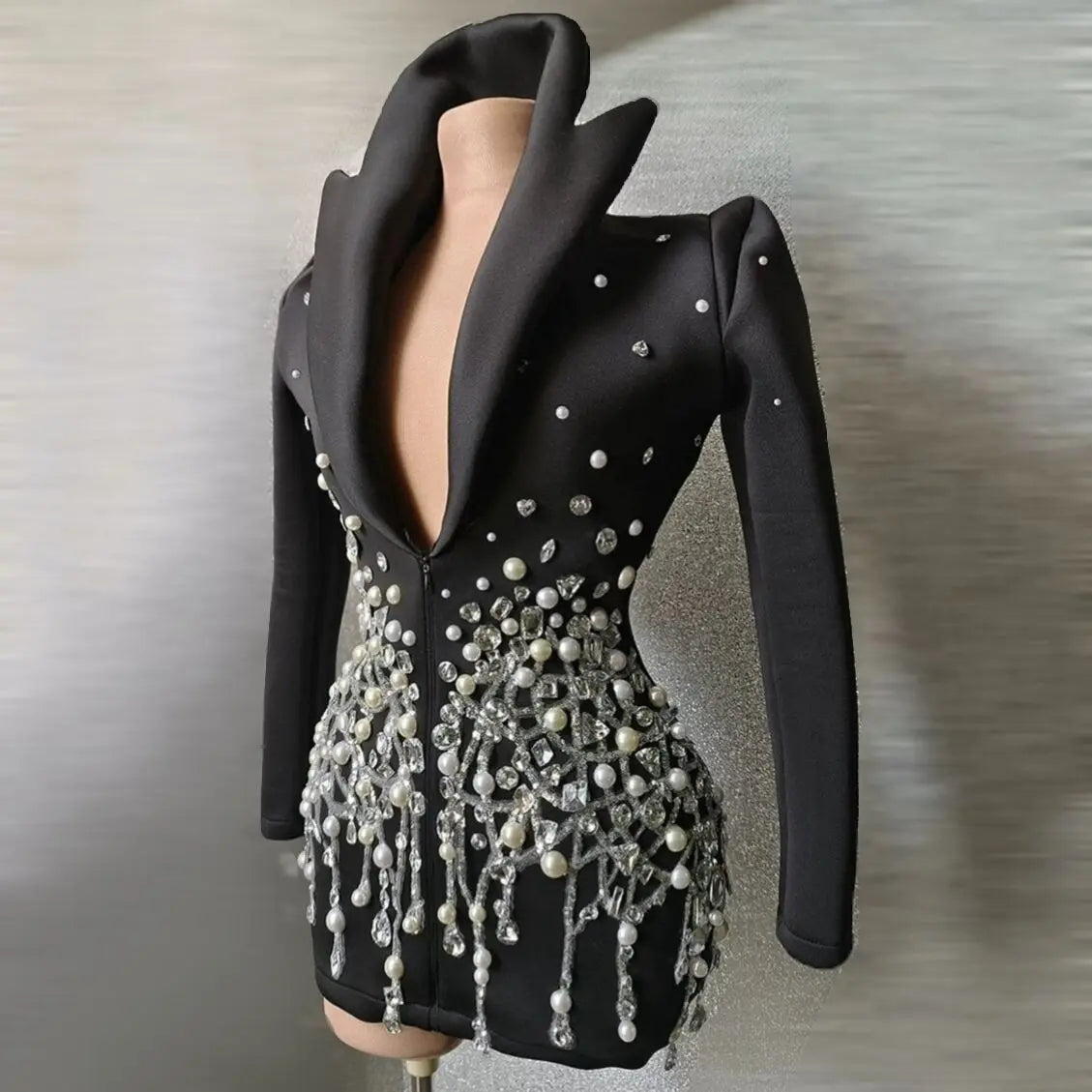 Sparkly Crystal Pearls Mini Dress Black Color Fashion Suit Collar Birthday Evening Party Nightclub Dress Singer Dress pre-order 20 days