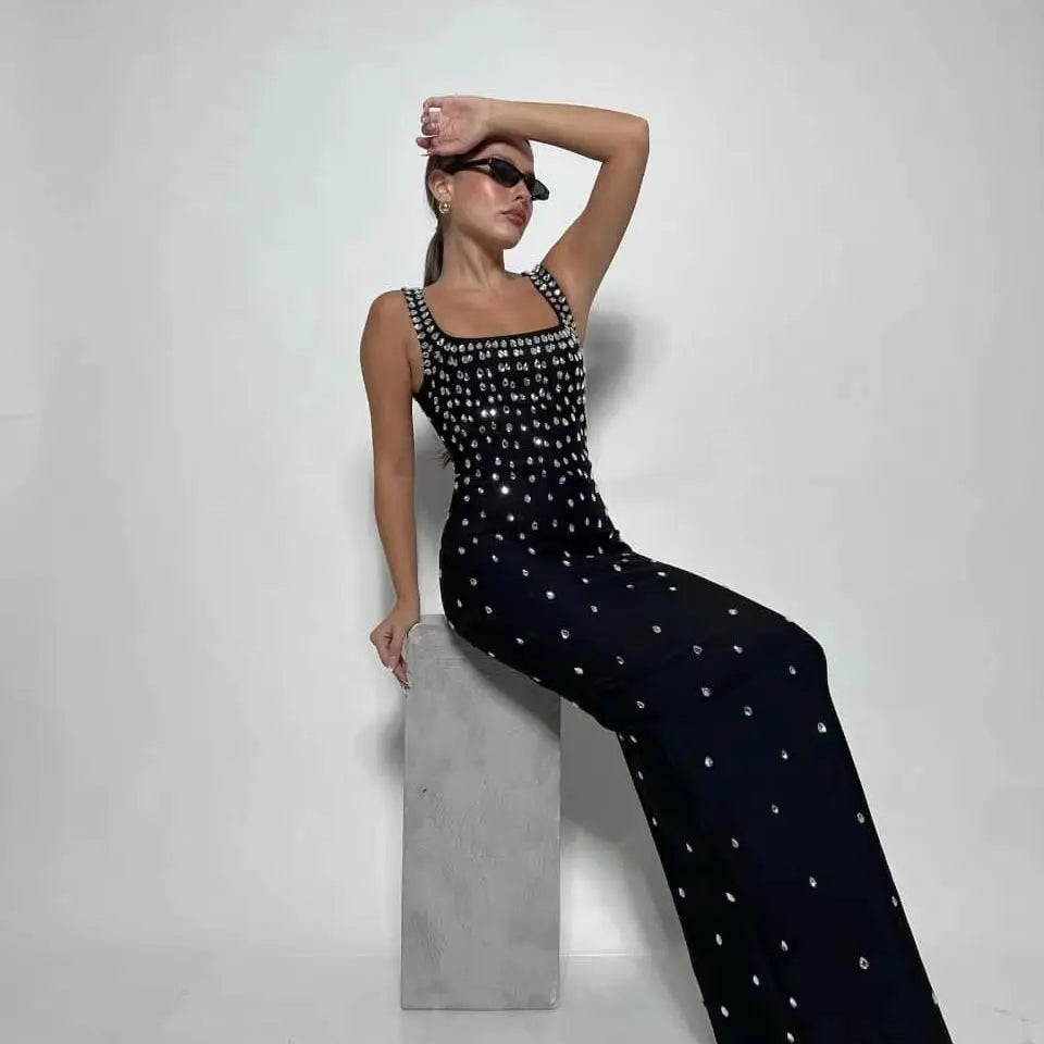 Black Skyblue Women Sleeveless Sexy O-neck Shinning Crystal Bodycon Bandage Long Dress Celebraate Nigthclub Party Outfit black