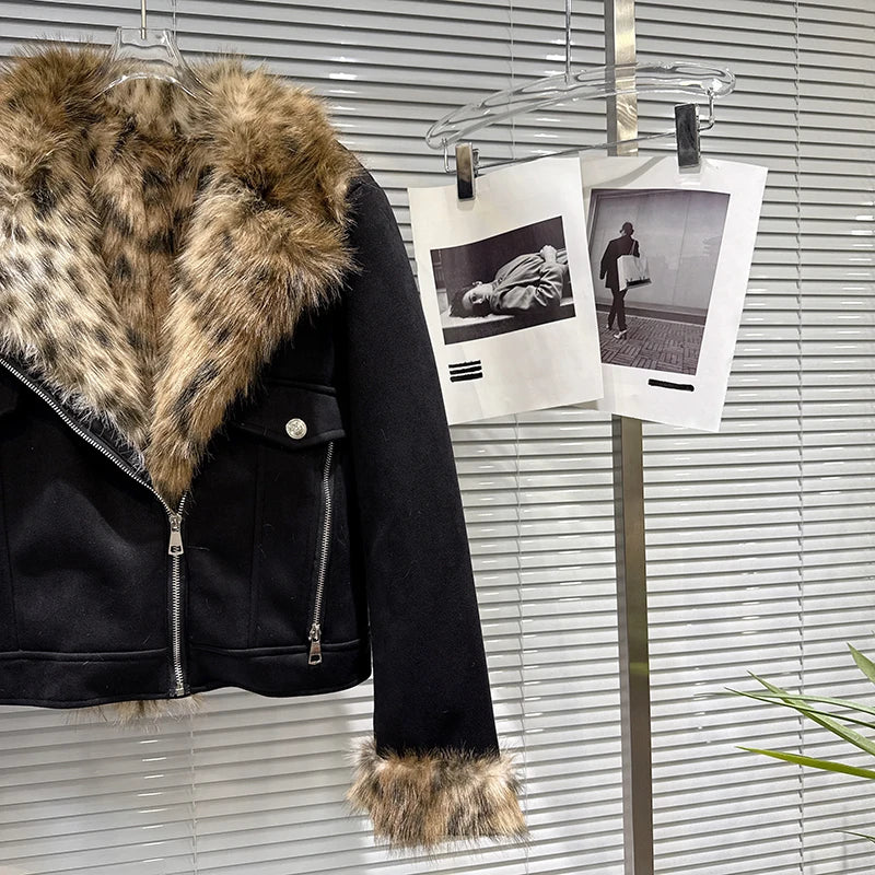 Winter New Trendy Fashion Leopard Print Fur Collar Suede Thickened Jacket For Women Warm Coat Female Trend 11A07449