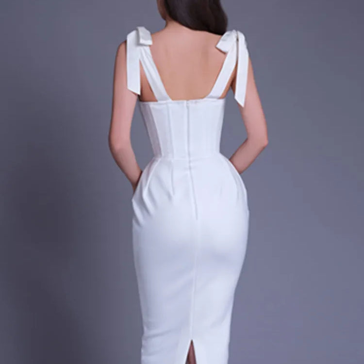 New Chic Women Summer Sexy Backless Split White Beige Midi Bodycon Bandage Dress 2023 Elegant Evening Party Dress Vestido