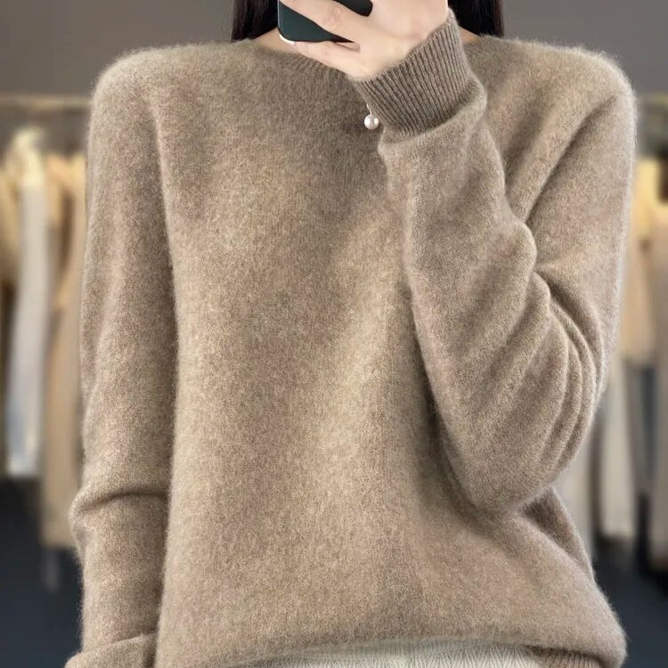 Women 100% Pure Merino Wool Knitted Sweater Autumn Winter Fashion O-Neck Top Cashmere Warm Pullover Seamless Jumper Clothes Camel