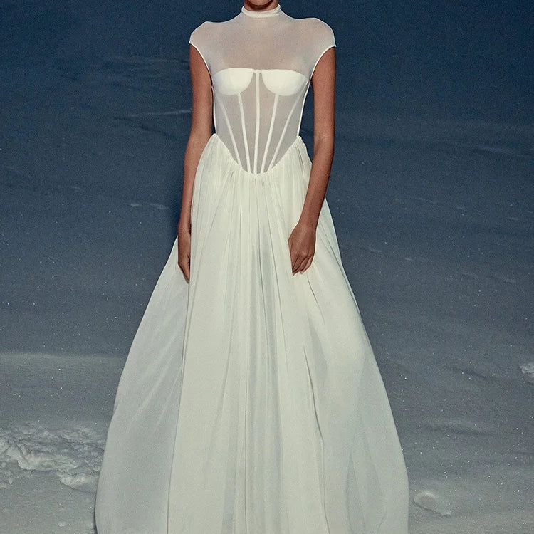 VC Romantic Ethereal High-Neck Bridal-Inspired Sheer White Maxi Dress for Wedding Party Evening Gown