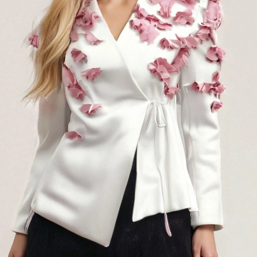 Spliced Petal Two Piece Sets for Women V Neck Long Sleeve Patchwork Lace Up Top High Wasit Skirt Elegant Set Female