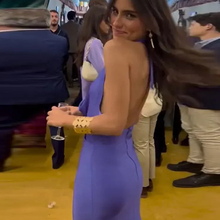 Elegant Purple Halter Lace Up Bodycon Midi Dress Women Sexy Blackless Sleeveless Side Split Robes Chic Summer Lady Party Dresses