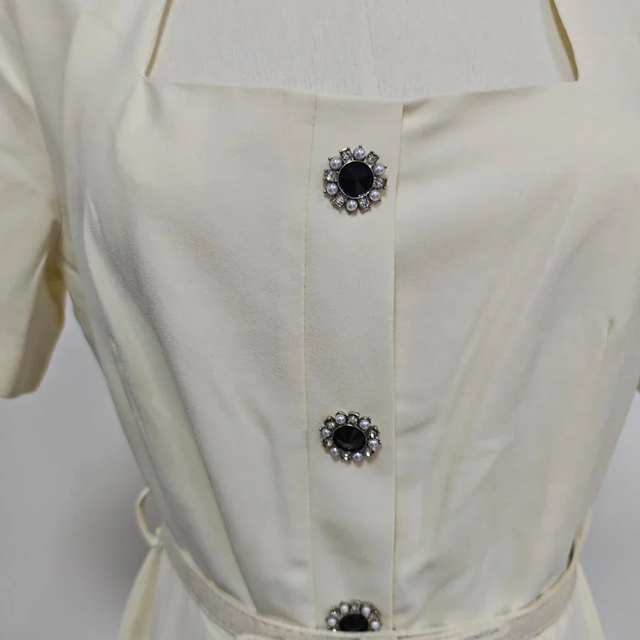 Solid Slimming Spliced Single Breasted Elegant Dresses for Women Square Neck Short Sleeves Split Dress Female New