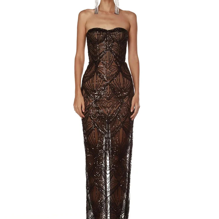 Luxury Sequins Beaded Party Dress Sexy Strapless Glitter Patchwork Mesh Sleeveless Evening Party Club Dress Vestido