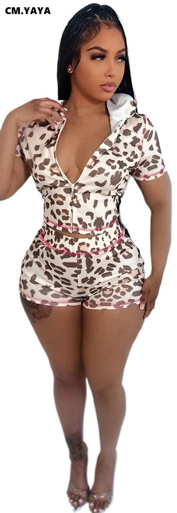 Fashion Leopard Print Women's Set Short Sleeve Hoodies + Shorts Suit 2025 Streetwear Active Two 2 Piece Set Tracksuit
