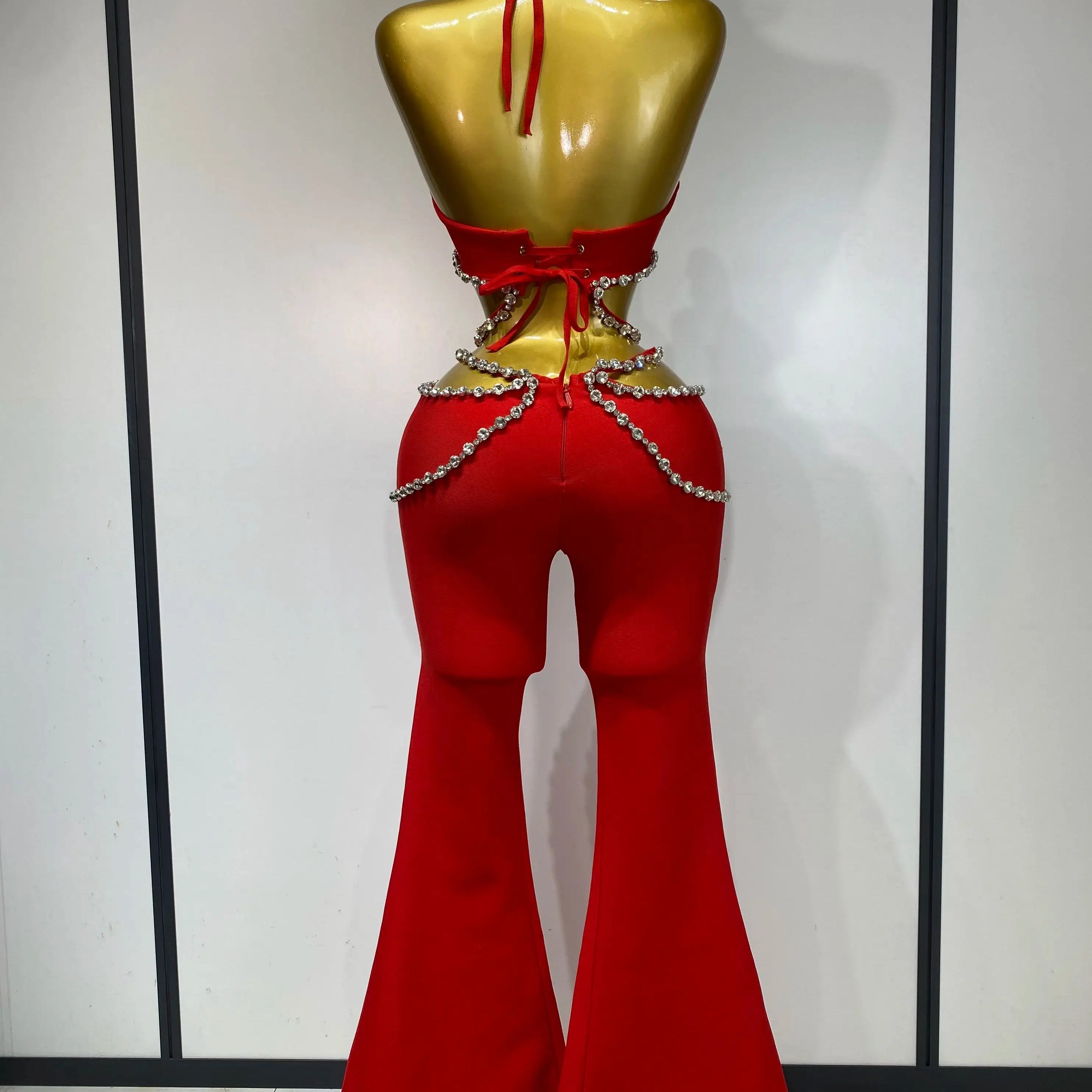 Women Luxury Rhinestone Red Sexy Cut Out Two Piece Pants Bandage Set 2025 Celebrity Designer Fashion Women's Set Stage Outfit