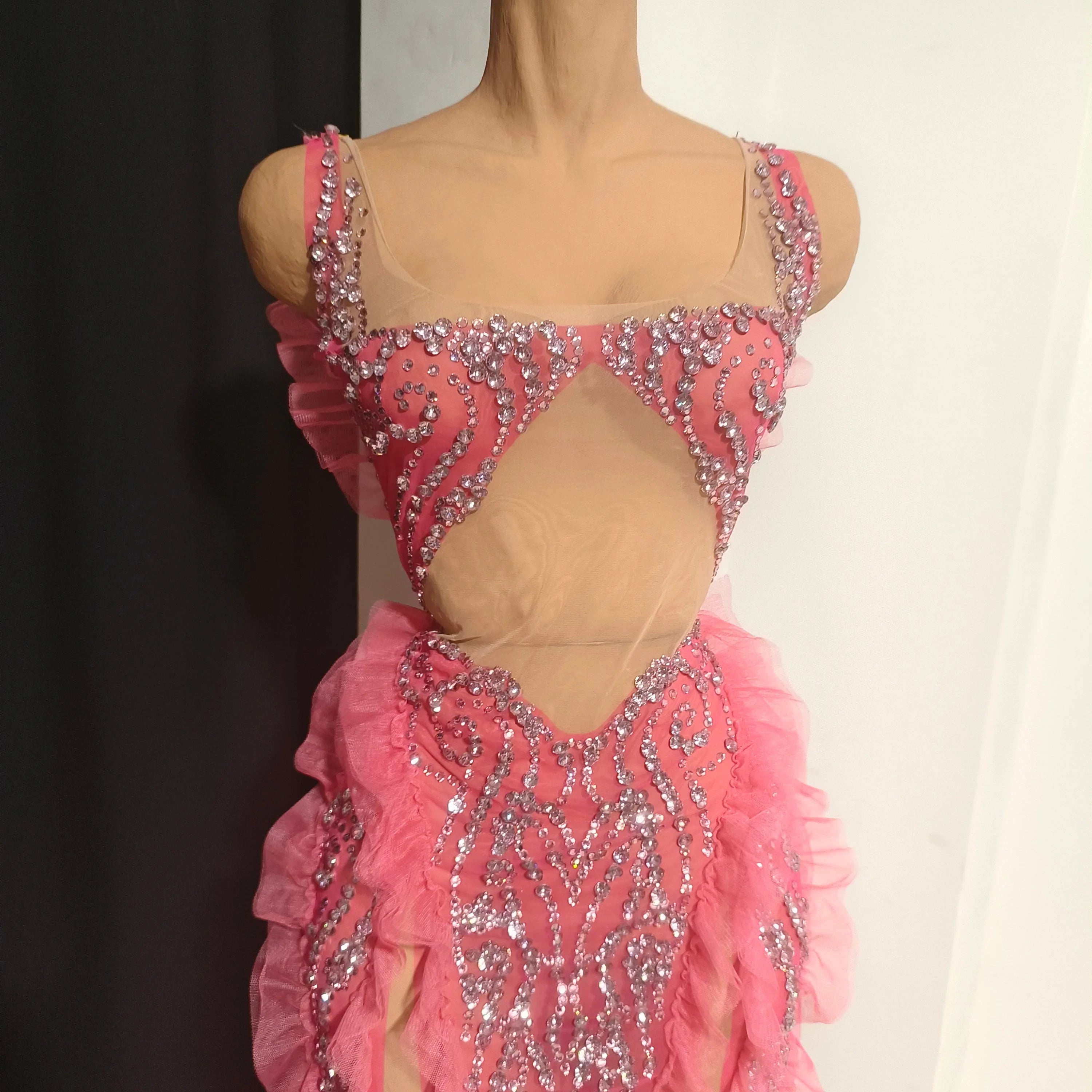 Elegant Pink Spaghetti Strap Mini Dress Women Sheer Mesh Rhinestone Ruffle Embellished Latin Dance Performance Costume