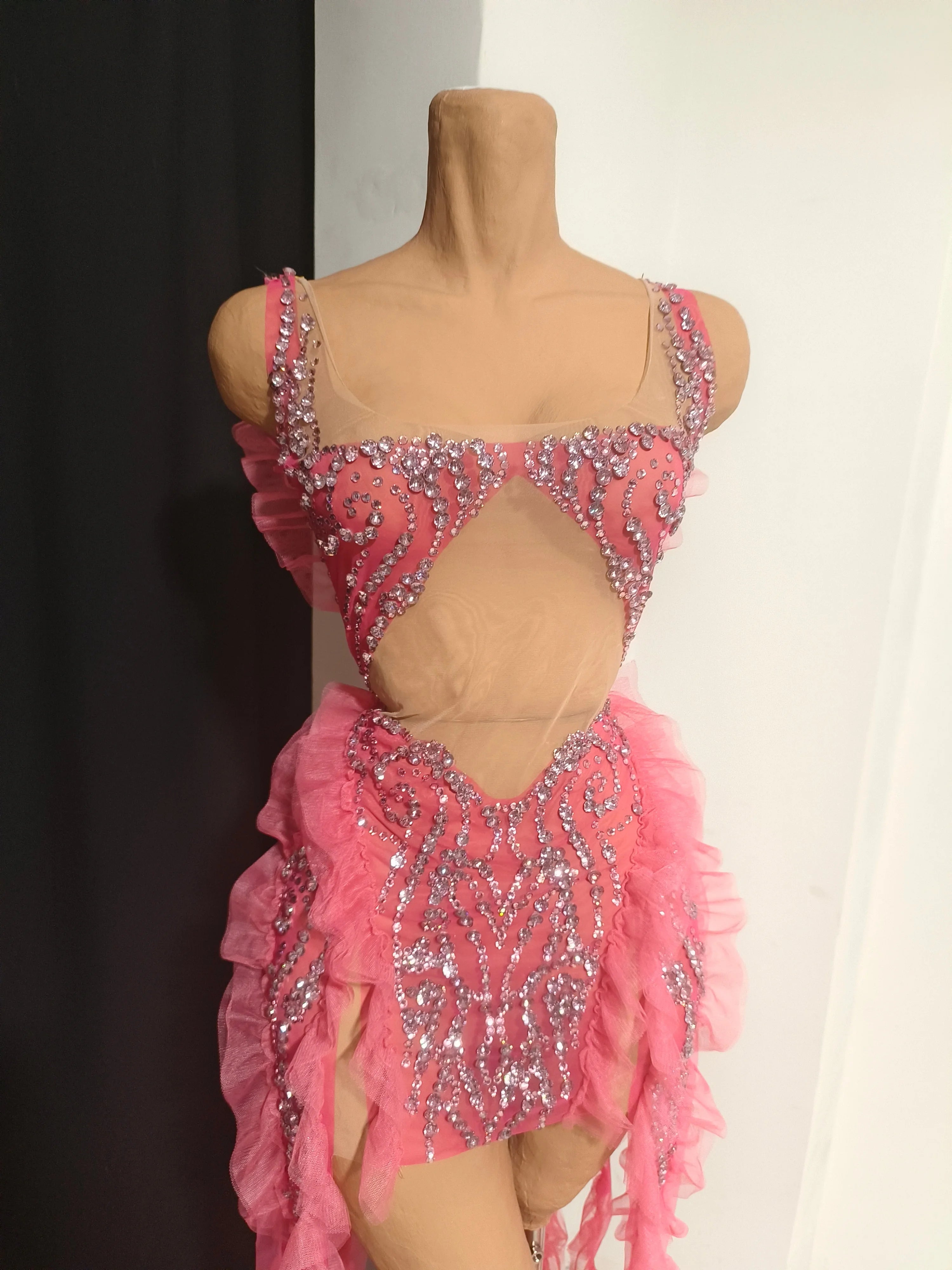 Elegant Pink Spaghetti Strap Mini Dress Women Sheer Mesh Rhinestone Ruffle Embellished Latin Dance Performance Costume