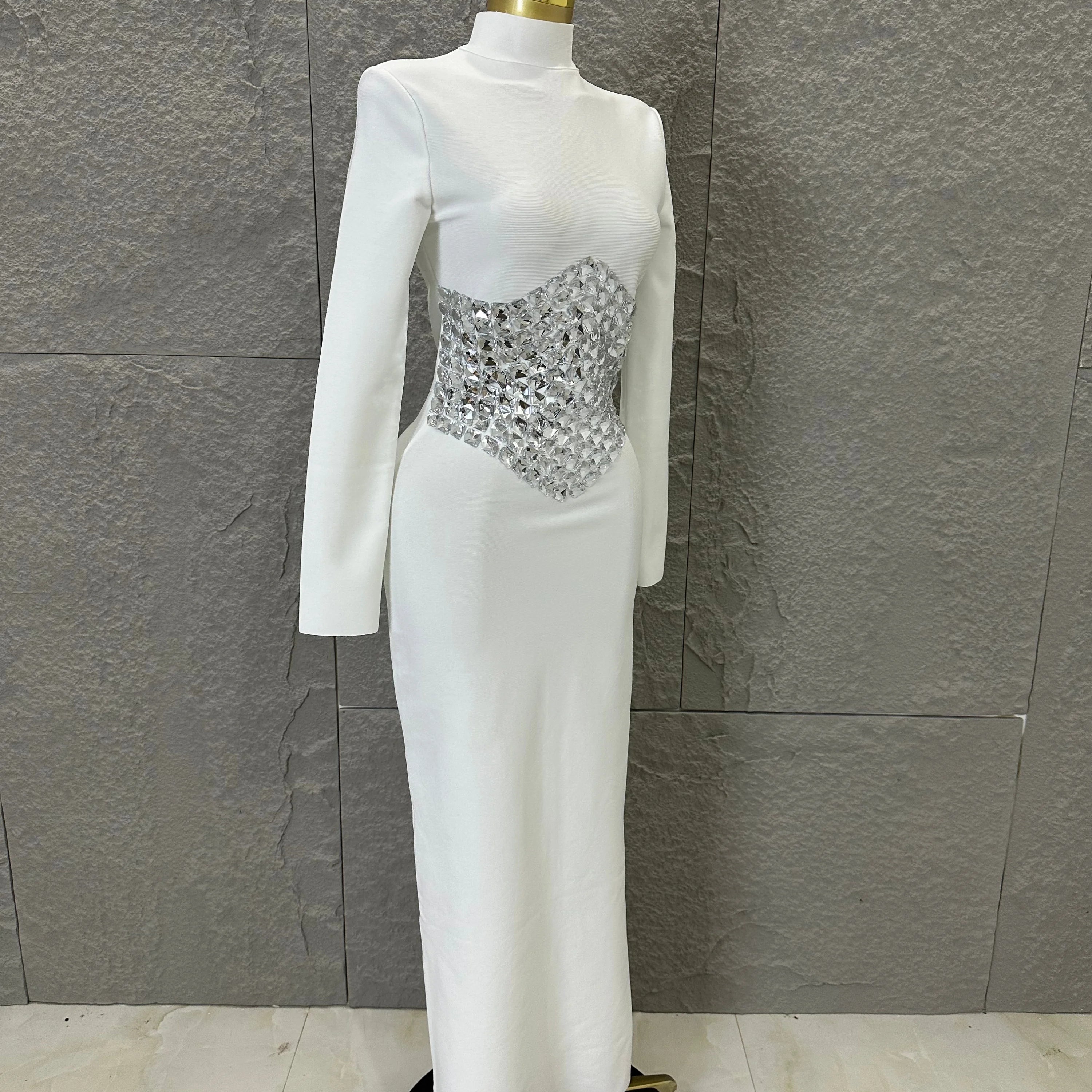 2026 White High Neck Maxi Dress Women Sexy Long Sleeve Full Crystal Waist Embellished Form-Fitting Outfit Cocktail Party Costume