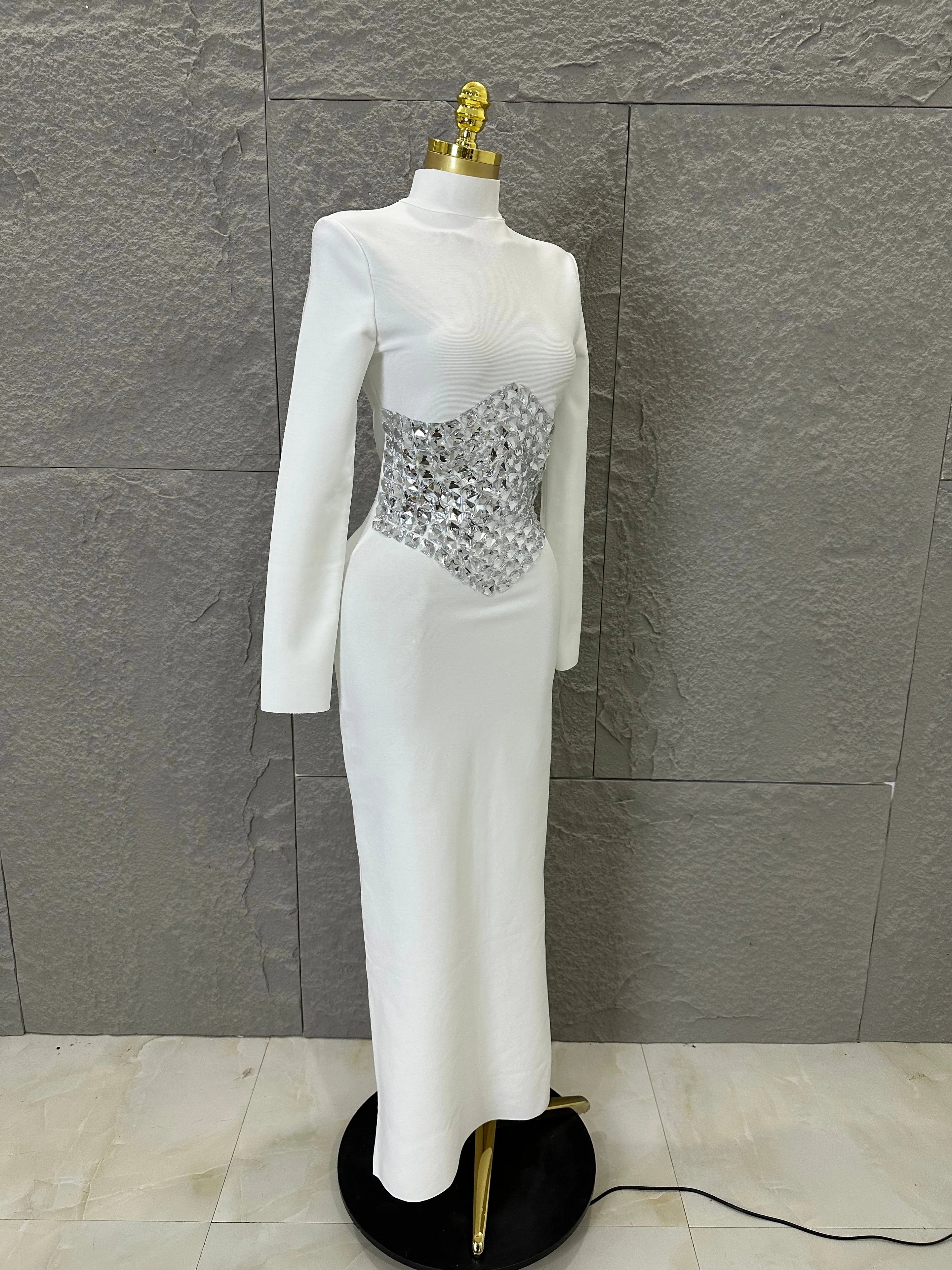 2026 White High Neck Maxi Dress Women Sexy Long Sleeve Full Crystal Waist Embellished Form-Fitting Outfit Cocktail Party Costume