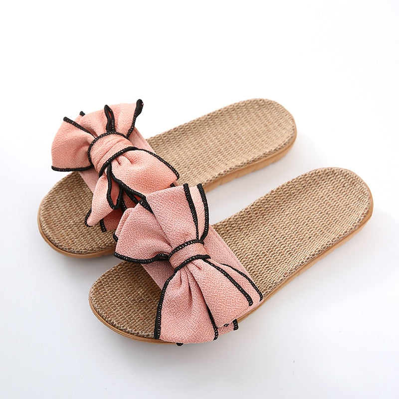 Women Summer Casual Slides Comfortable Flax Slippers Striped Bow Ya Ma Flip Flops Platform Sandals Ladies Indoor Shoes