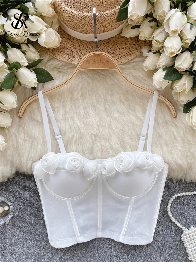 SINGREINY Female Rose 3D Flower Sexy Camisole Sleeveless Strapless Short Tank Tops Women Sheath Corset Streetwear Camis white