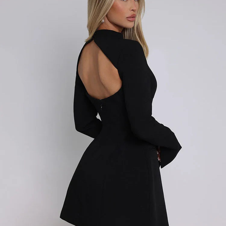 Articat Elegant Long Sleeved Bodycon Women Dress Sexy Slim Backless Mini Vestido Autumn And Winter New 2025 Party Evening Dress black